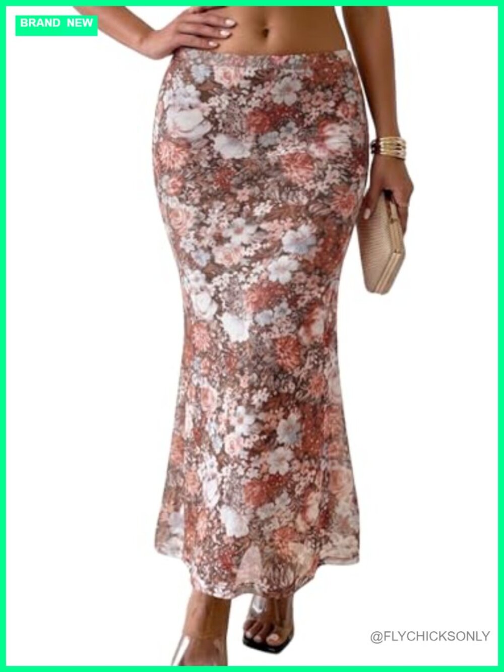 Floral Mesh Maxi Skirt High Waisted Flowy Mermaid Ruffle Hem Long Skirt